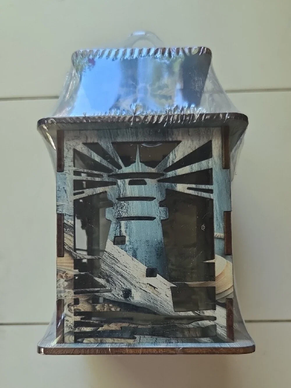 Wooden Decorative Lantern with Coastal Cutout Design - Brown and White